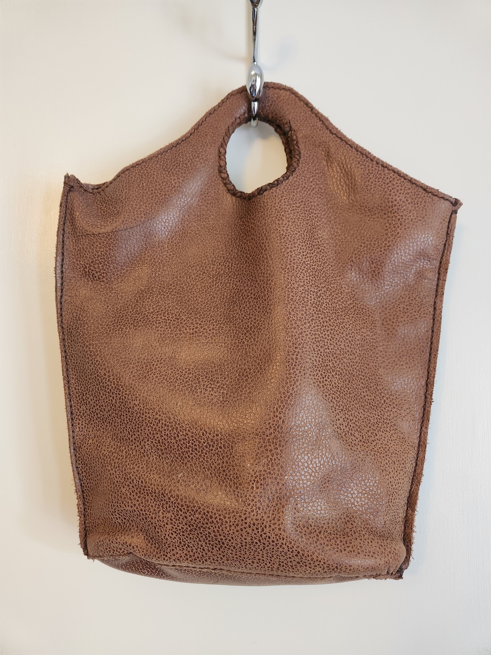Brown Genuine Leather Bag Distressed Raw Edge Cutout Handle Boho 16"